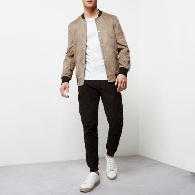Stone faux suede bomber jacket